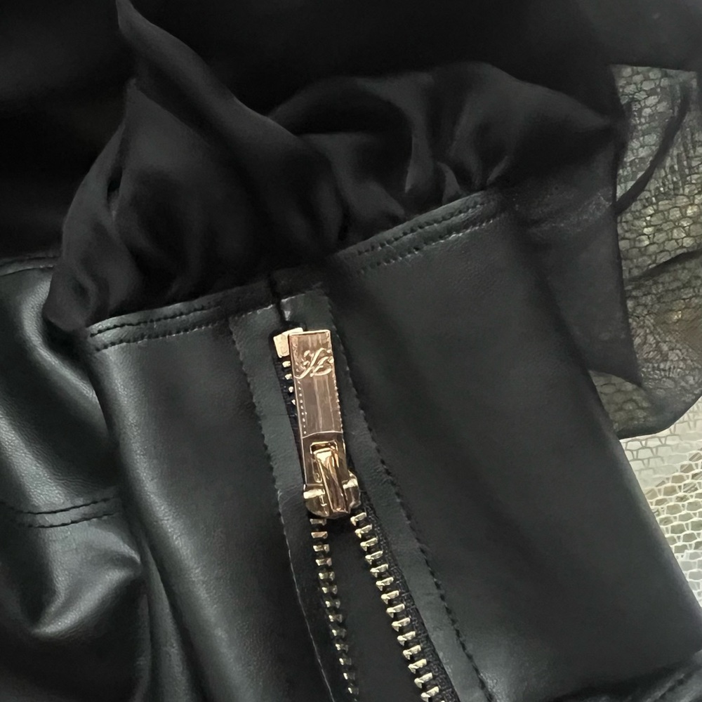 Honey Birdette RARE Black Sheer Mesh and Faux Leather Plunge Bodysuit - Picture 6 of 8